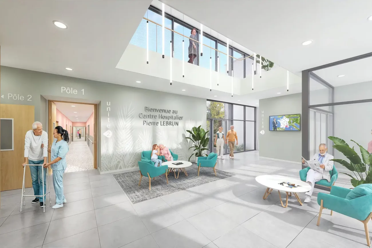 Vue du hall pour le concours de restructuration d'un CHRO - Client : Atelier B2A - Illustration Scaphoïde 3D
