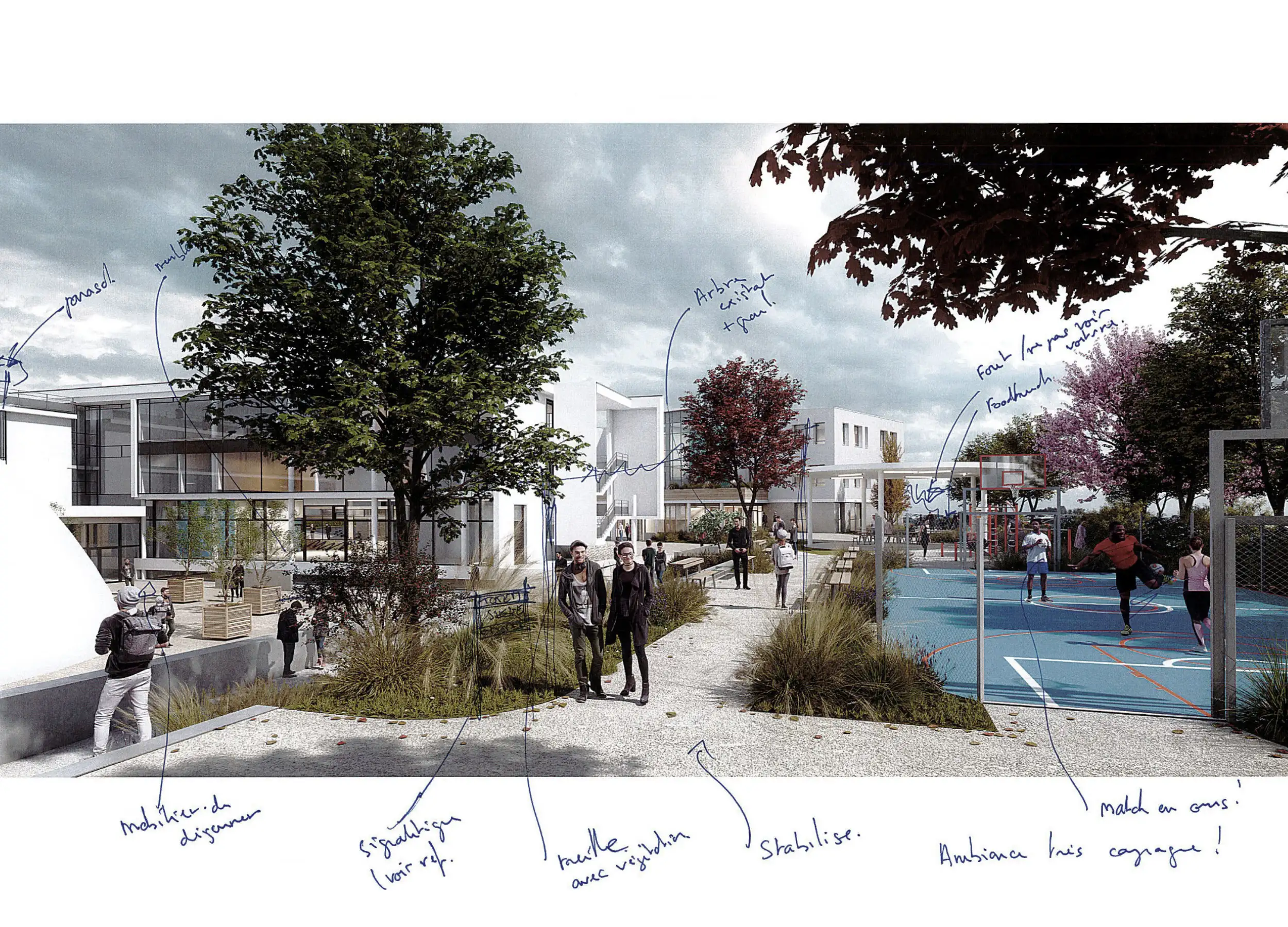Annotations Perspective extérieur, city stade, Concours d'architecture TOTEM pour La CCI 28 de Chartres - Architecte : Atelier B2A - Moon Safari - Illustration Scaphoide 3D