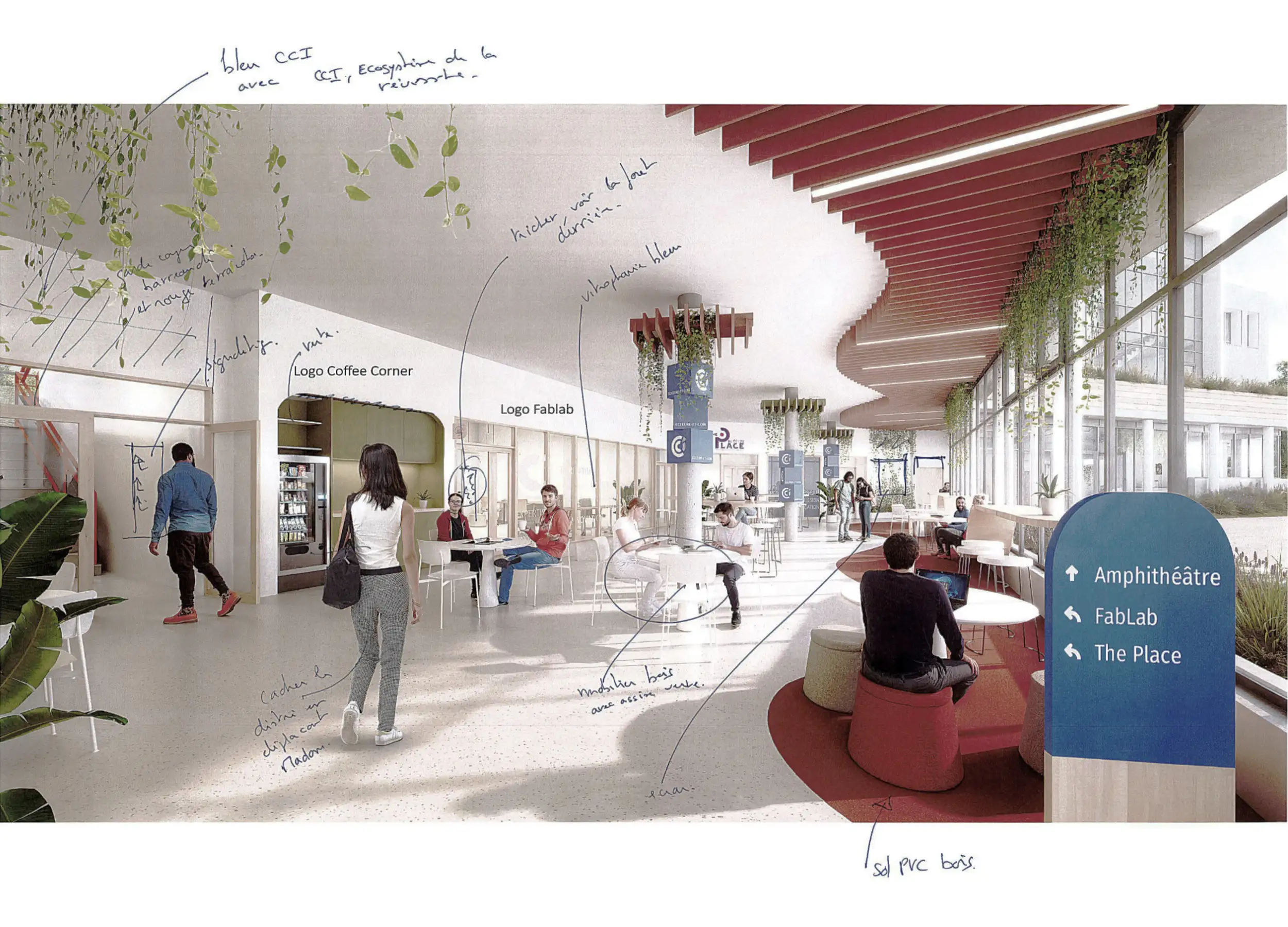 Annotations Perspective Intérieur, hall D'entrée, Coffee corner, Fablab Concours d'architecture TOTEM pour La CCI 28 de Chartres - Architecte : Atelier B2A - Moon Safari - Illustration Scaphoide 3D